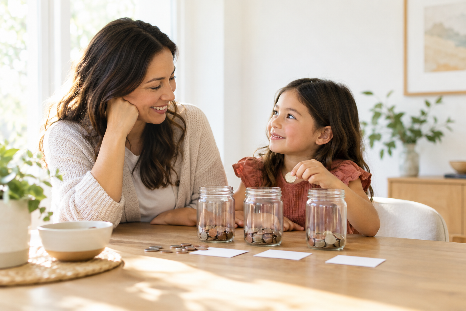 A parent and child having a positive conversation about saving money