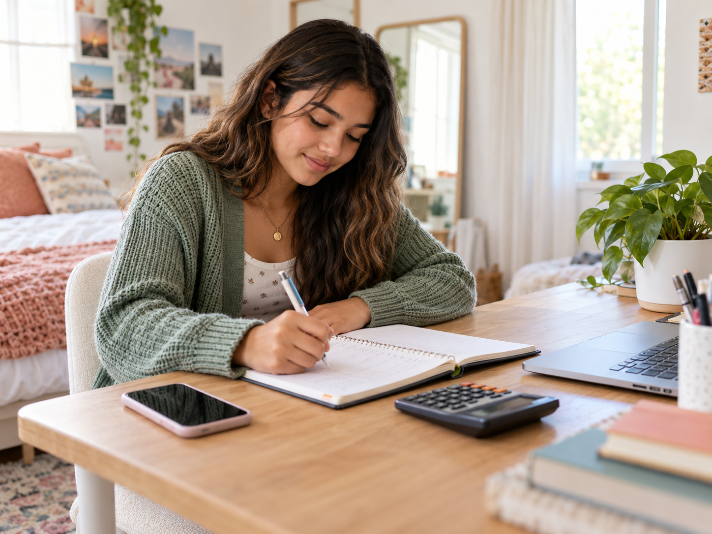 A teen building a budget at a bright desk